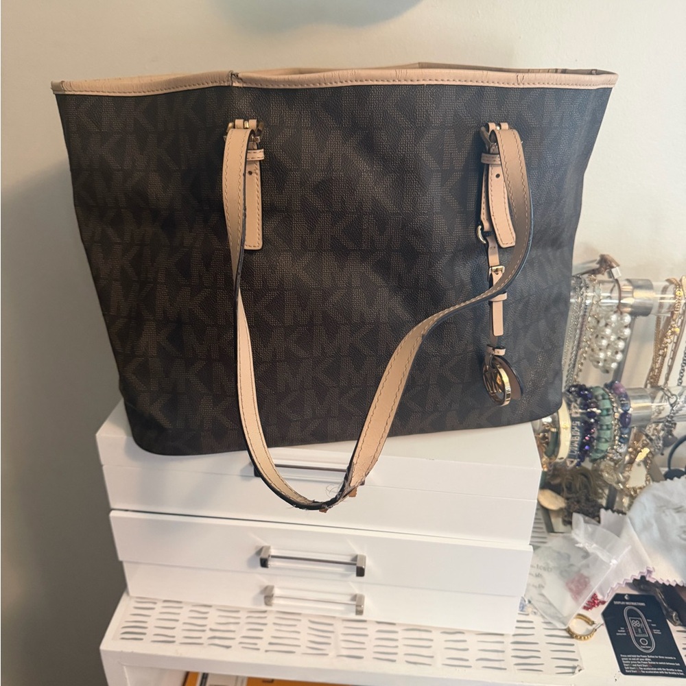 Michael Kors Brown Logo Canvas Tote with Beige Trim